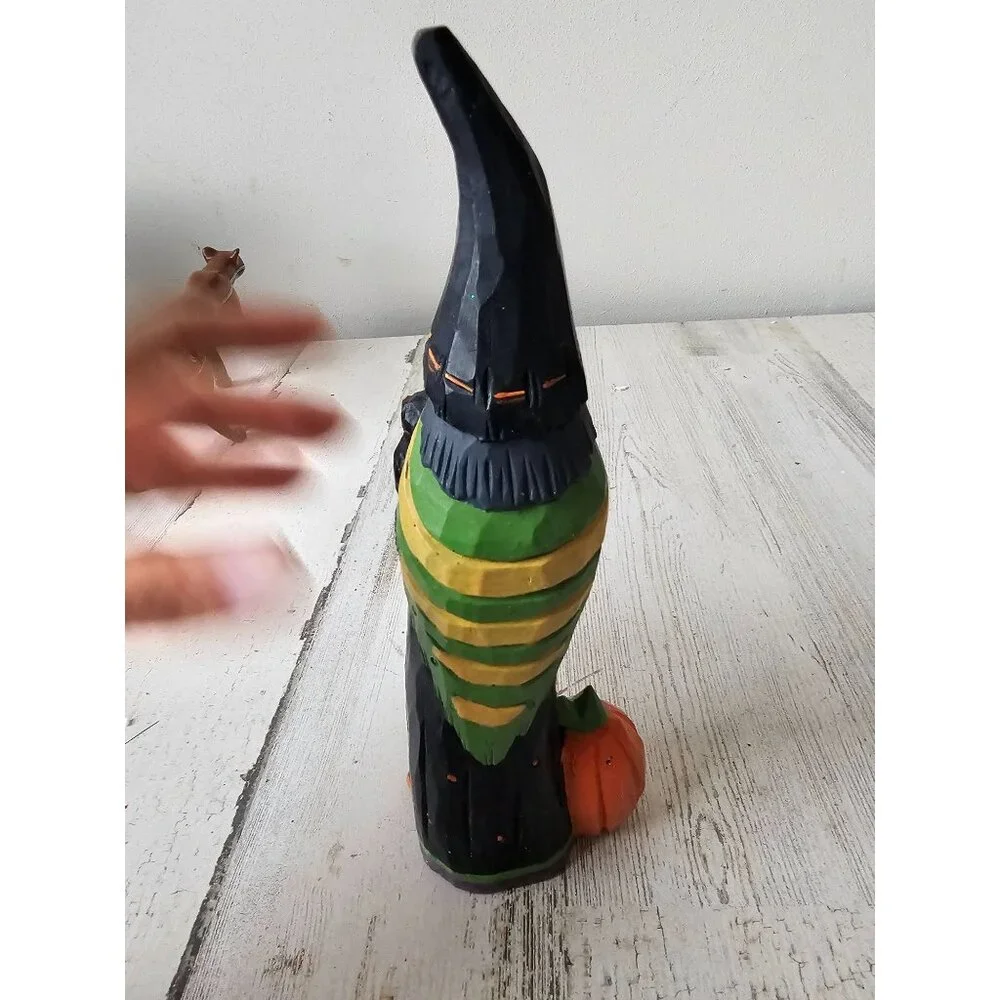 Vintage pencil witch country folk art Crow pumpkin village Halloween decor figur